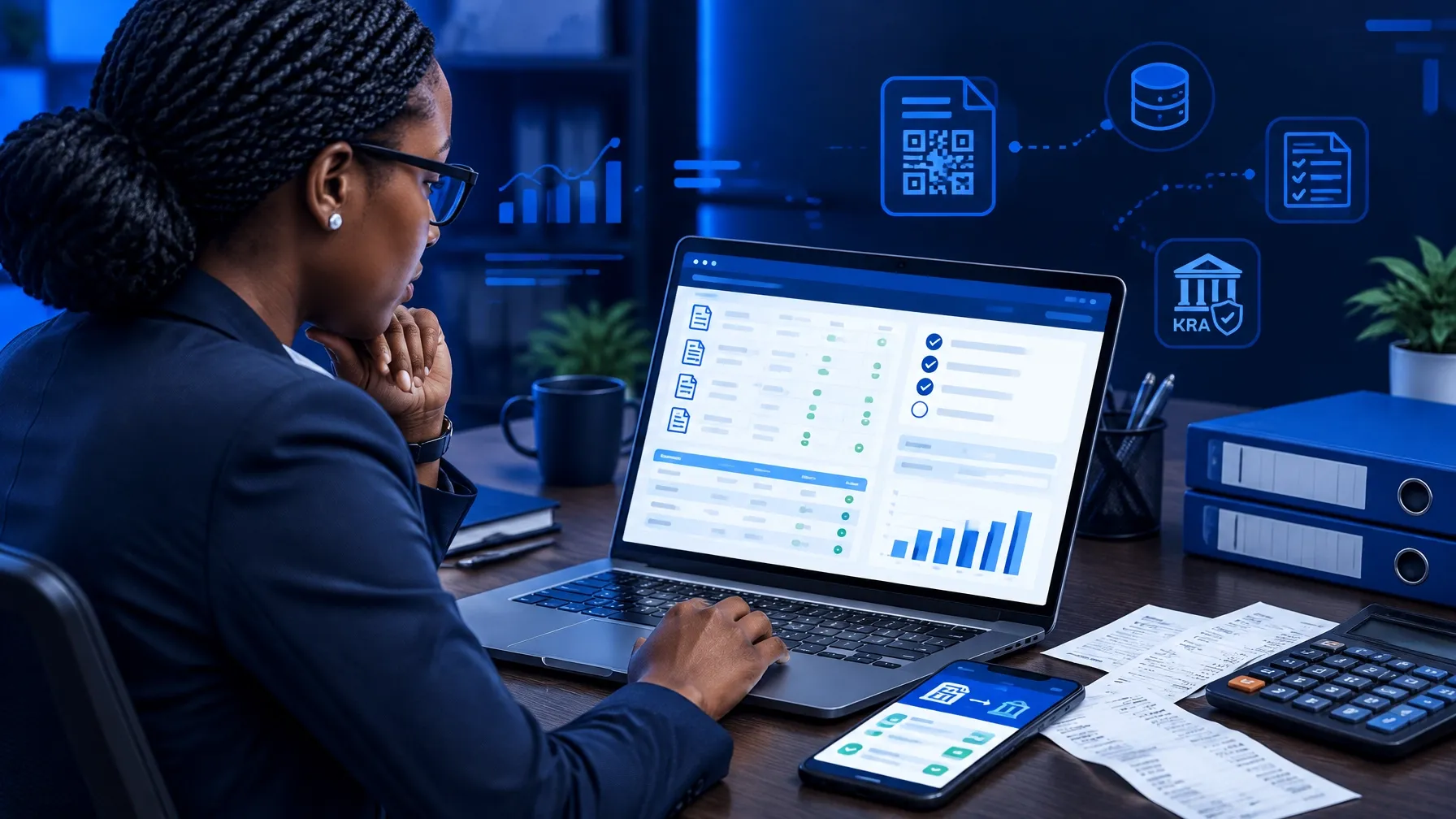 Kenyan business finance manager reviewing eTIMS invoices and accounting records on a laptop