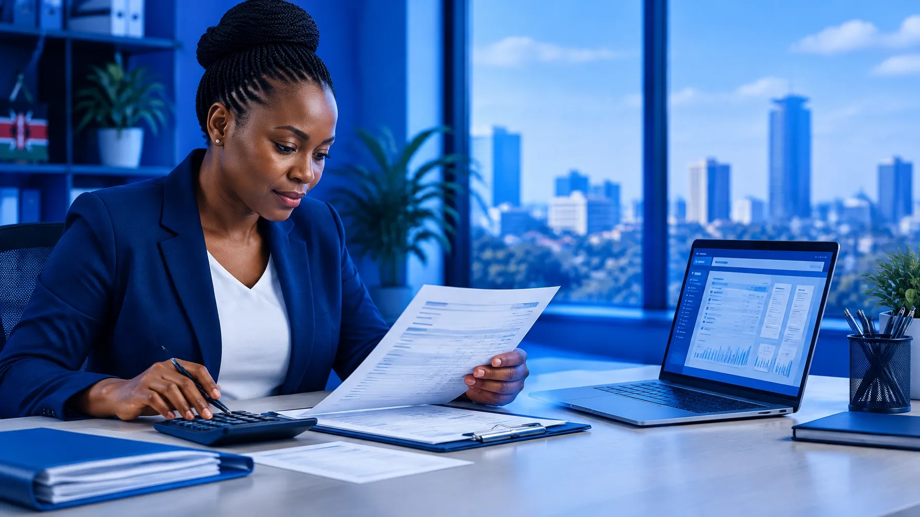 Kenyan SME owner reviewing VAT invoices, a laptop and financial documents at a modern office desk