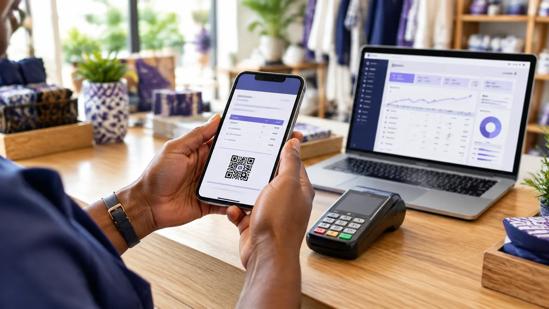 Kenyan business owner scanning an eTIMS invoice beside a laptop and payment terminal