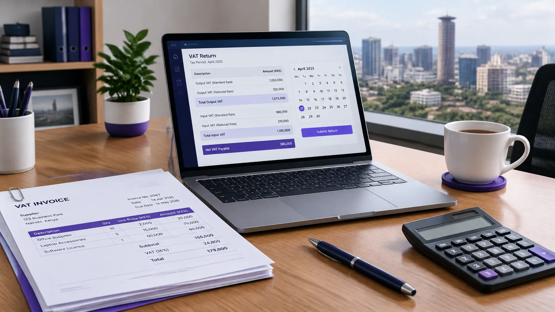 VAT return dashboard, invoice, and calculator on a Kenyan business desk